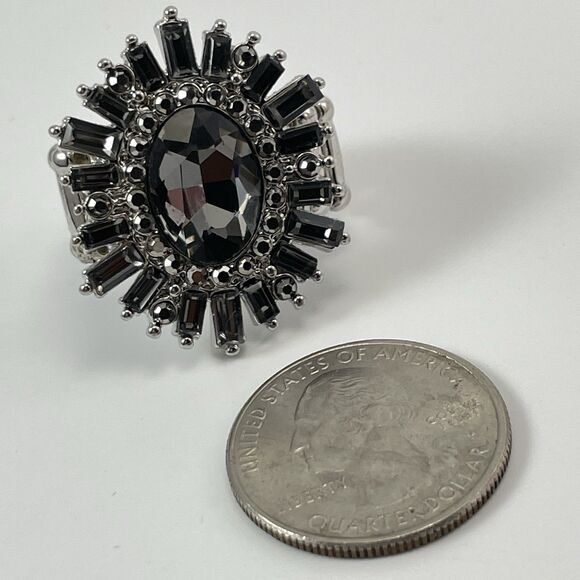 Silver Tone Stretch Band Gray Glass Rhinestone Starburst Bling Ring Adjustable - Picture 4 of 7